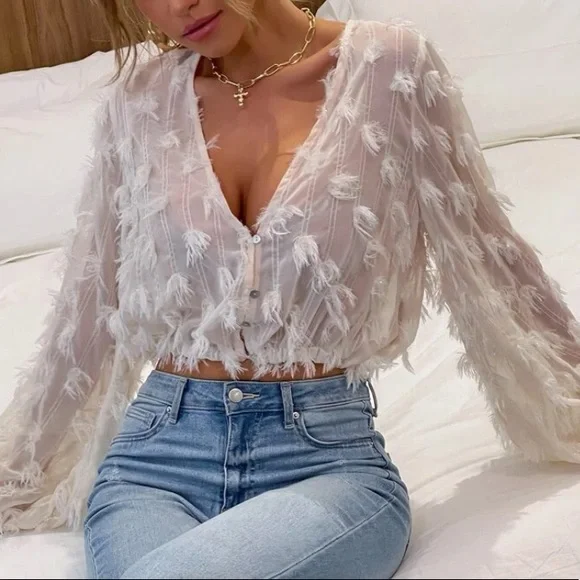 SHEIN Fringe Overlay Crop Blouse - Picture 2 of 6